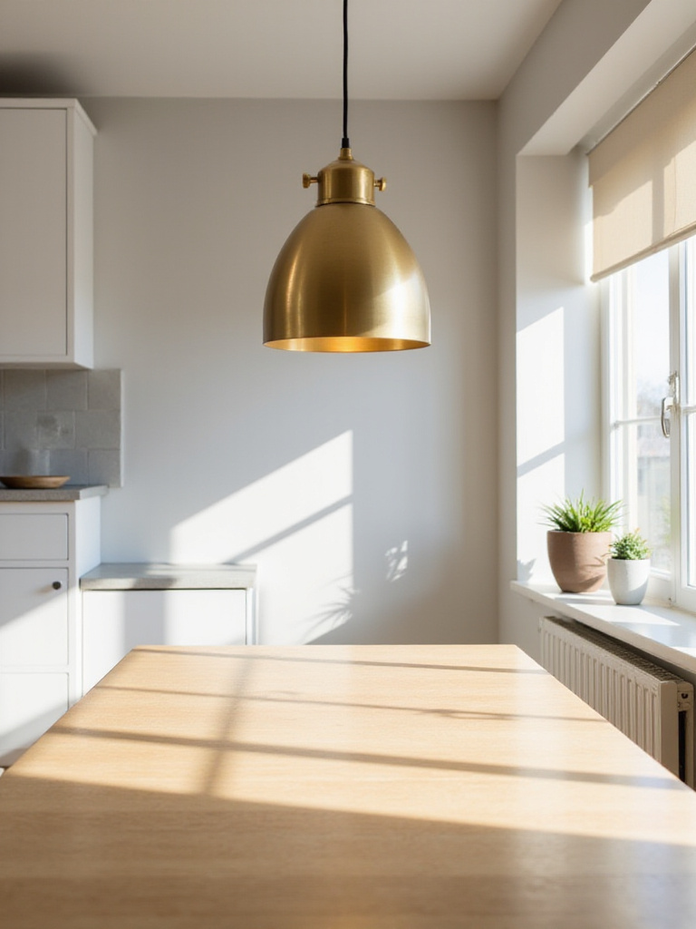 Modern kitchen with a single brass pendant light illuminating a light wood dining table.