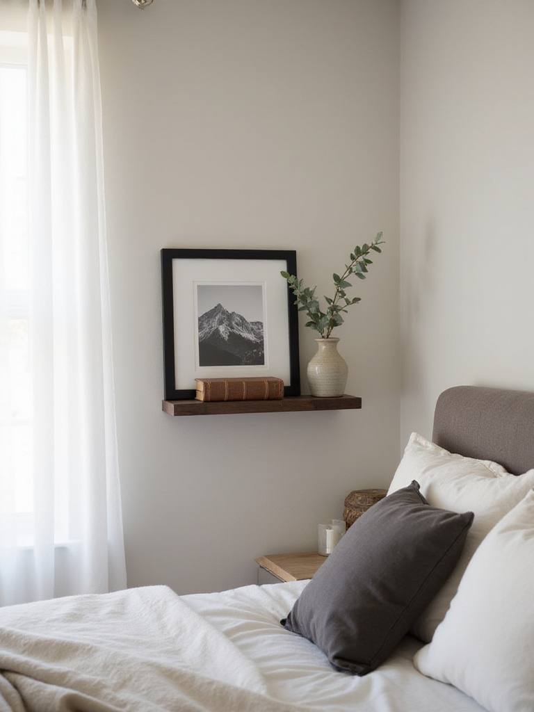 Cozy bedroom shelf with framed photograph, vase, and book, creating a personalized and relaxing space.