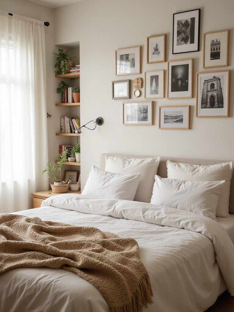 Bedroom interior with a gallery wall of personal photos and artwork, creating a cozy and personalized space.