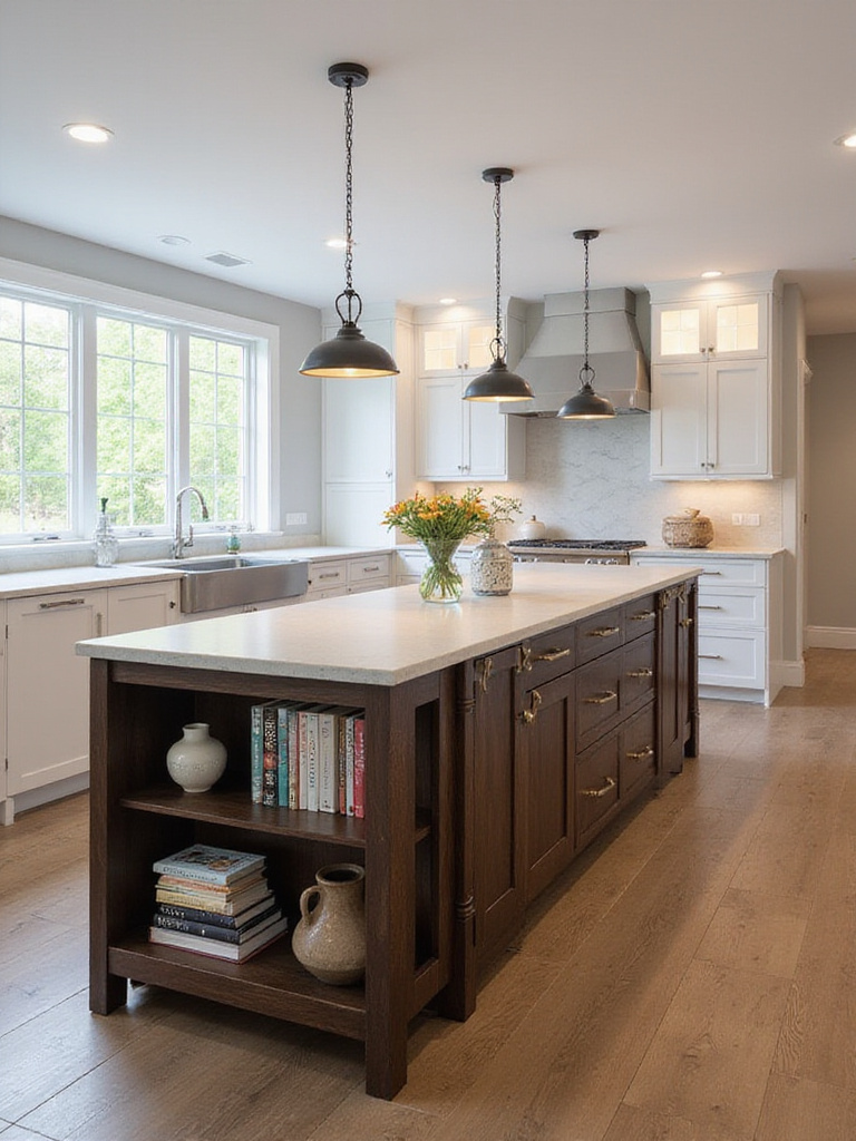 Modern kitchen island with custom shelving and pendant lighting.