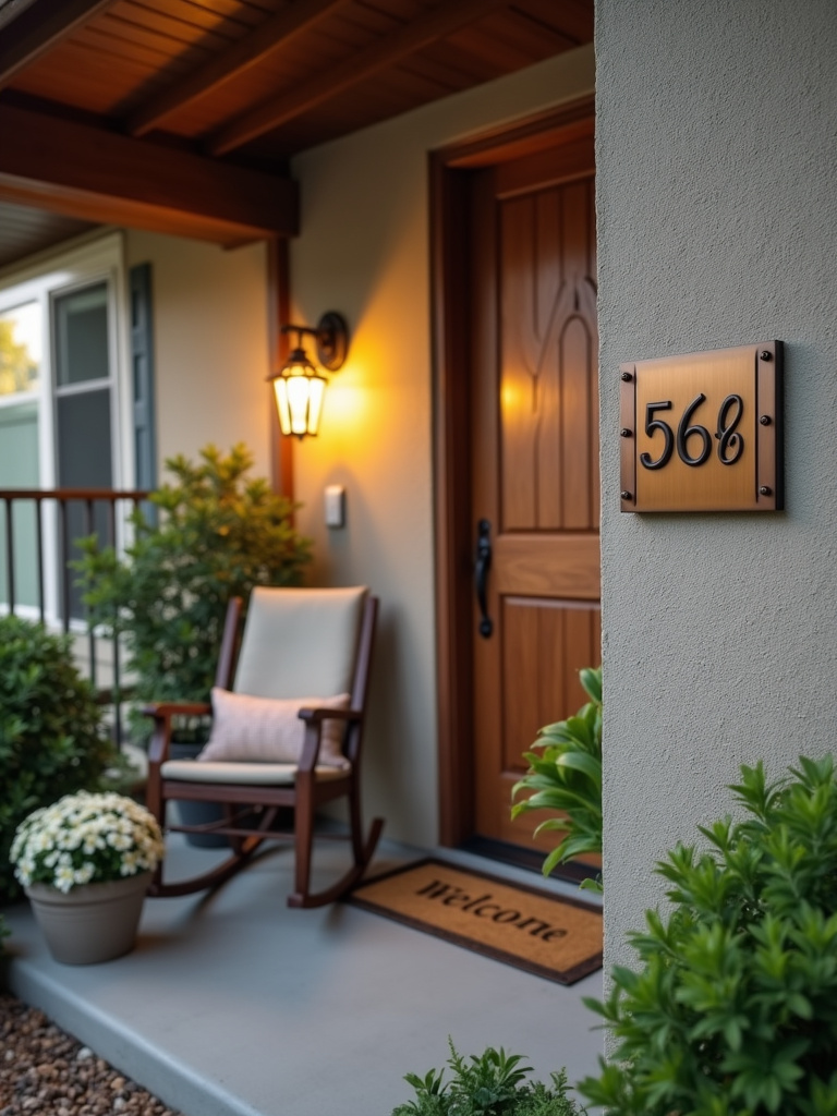 Distinctive bronze address plaque mounted on a welcoming front porch.