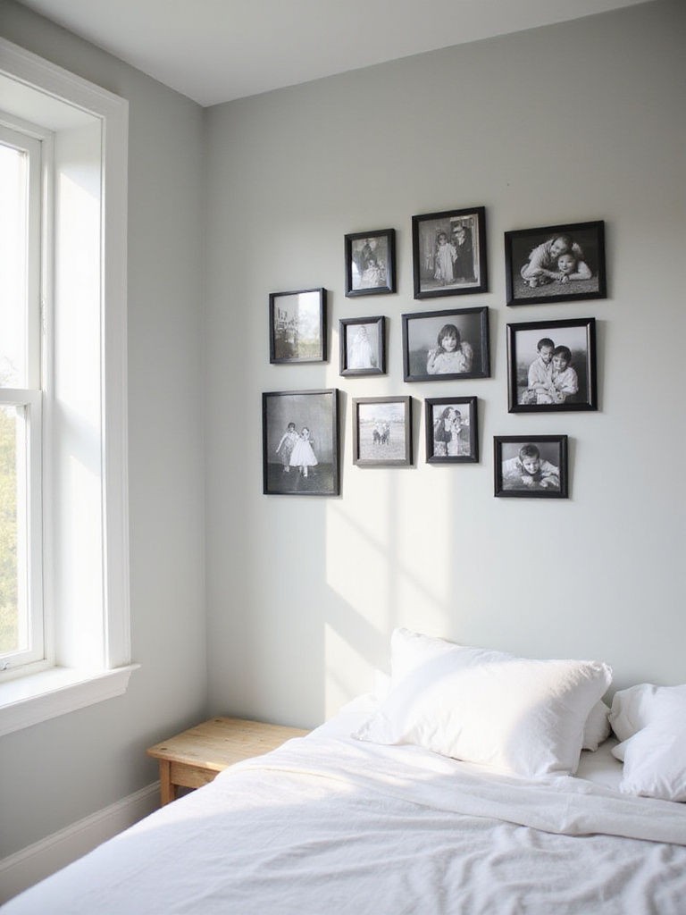 Bedroom gallery wall featuring family photos in various frames