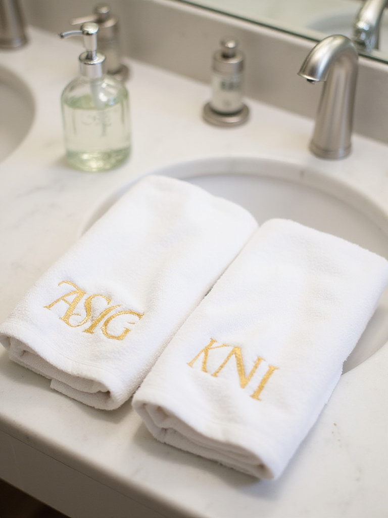 Bathroom vanity with monogrammed hand towels and soap dispenser