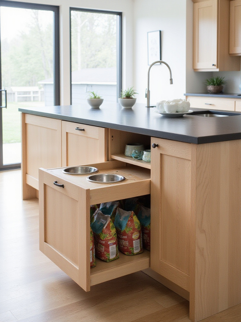 Kitchen island with dedicated pull-out drawer for pet food storage and stainless steel bowls.