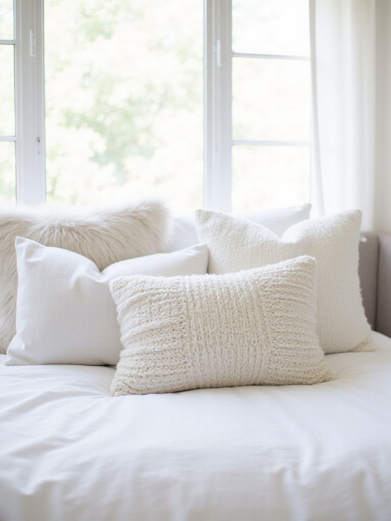 White bedroom with a variety of plush white throw pillows in different textures.