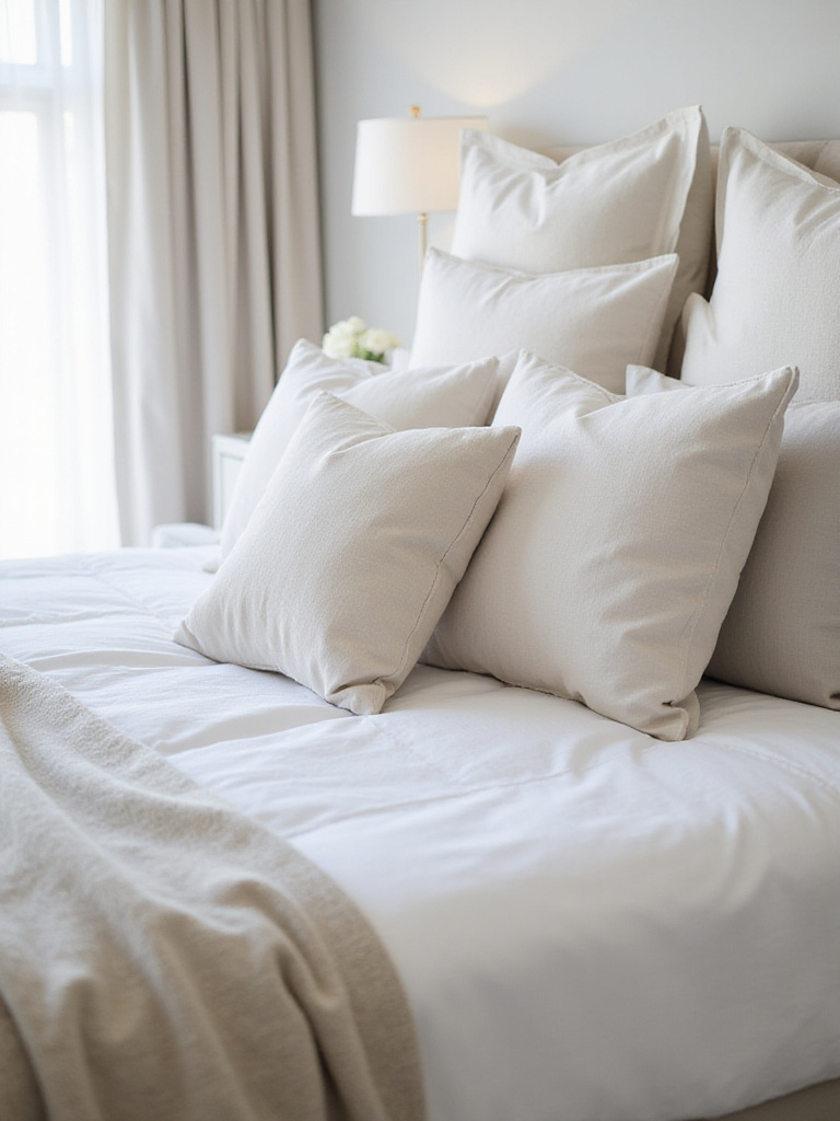 Cloud-like bed with multiple plush pillows in a serene bedroom setting.