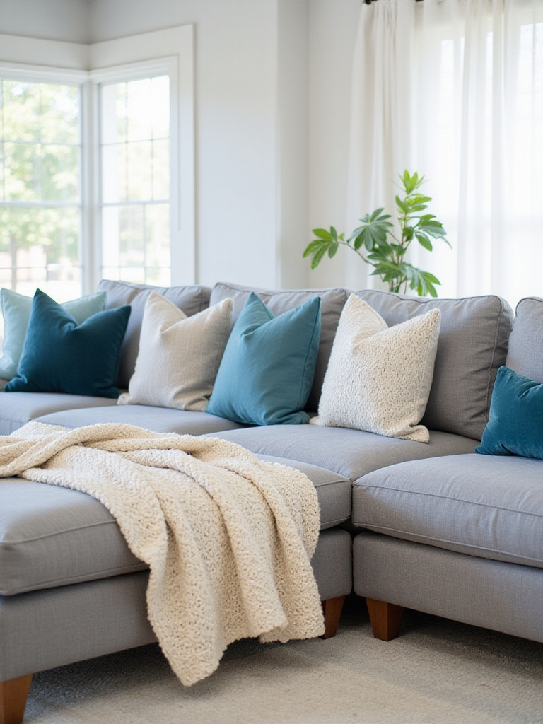 Living room with grey sectional sofa styled with blue and cream throw pillows and a chunky knit throw blanket.