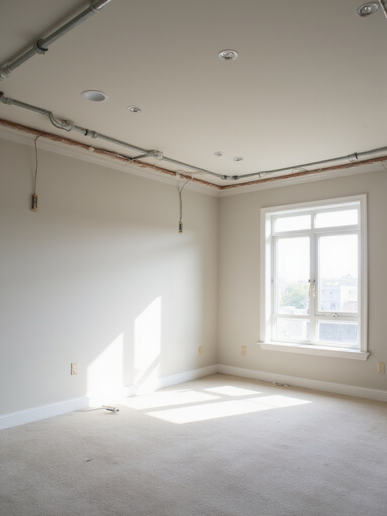 Empty living room with electrical wiring planned out before decoration.