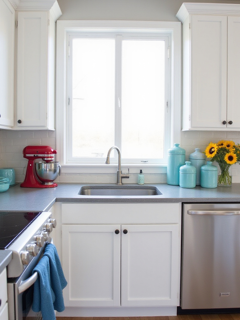 Modern kitchen with white cabinets and pops of red, turquoise, and yellow accessories