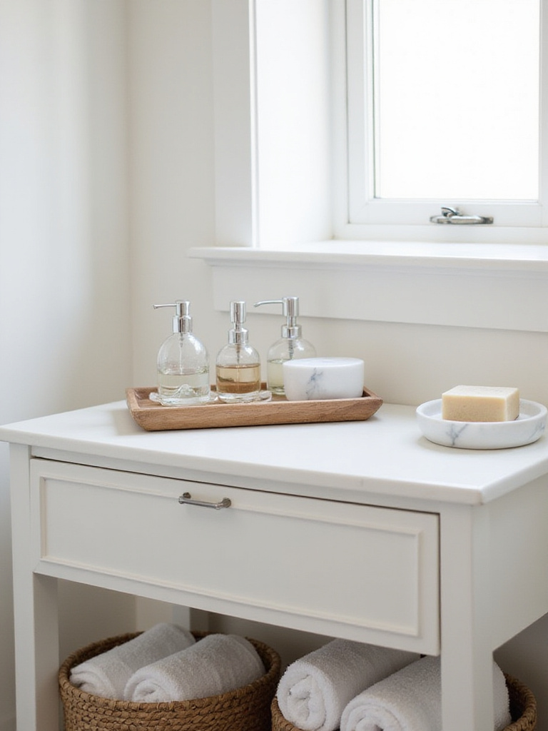 Bathroom vanity decor featuring wicker basket, wooden tray, and marble soap dish for added texture and style.