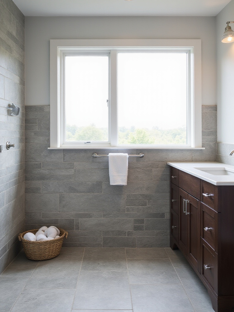 Modern bathroom interior with textured tile and natural stone shower.