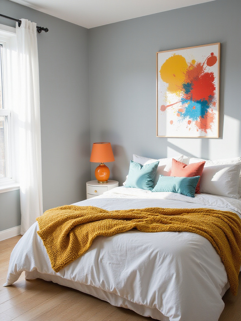Modern bedroom with light gray walls and pops of color from a mustard yellow throw blanket, teal and coral pillows, and colorful abstract art.