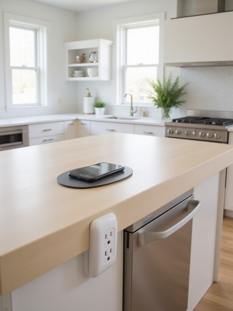 Kitchen island with integrated wireless charging pad and pop-up USB outlet.