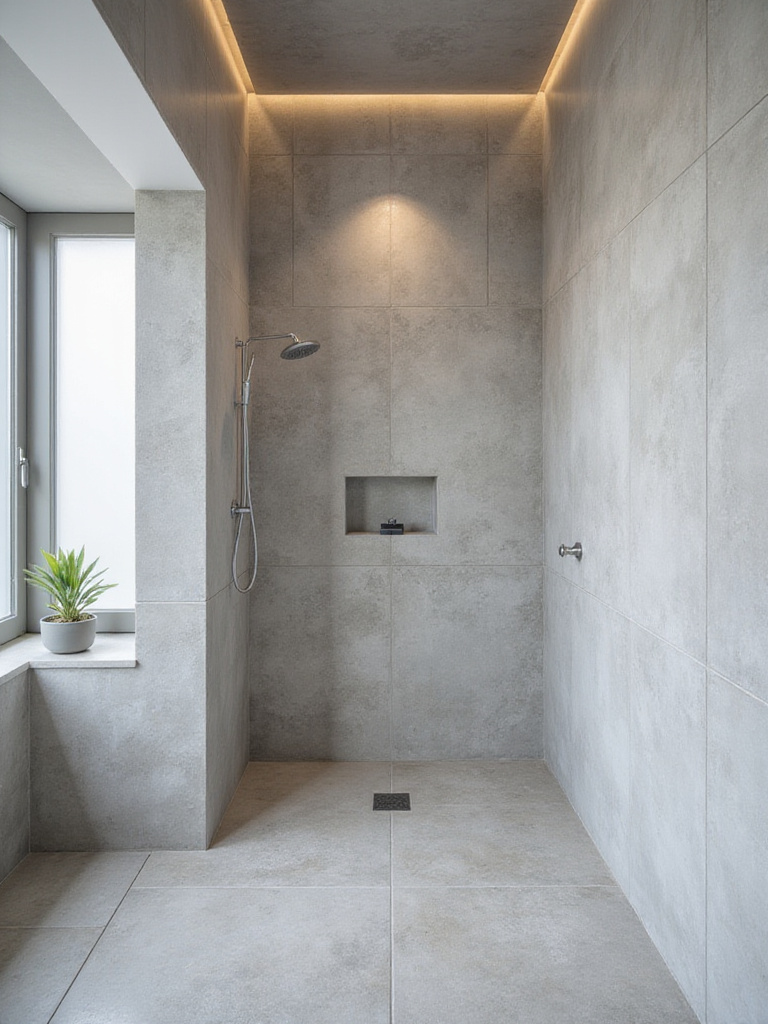 Modern bathroom featuring durable and versatile porcelain tiles on the floor and shower walls, mimicking concrete