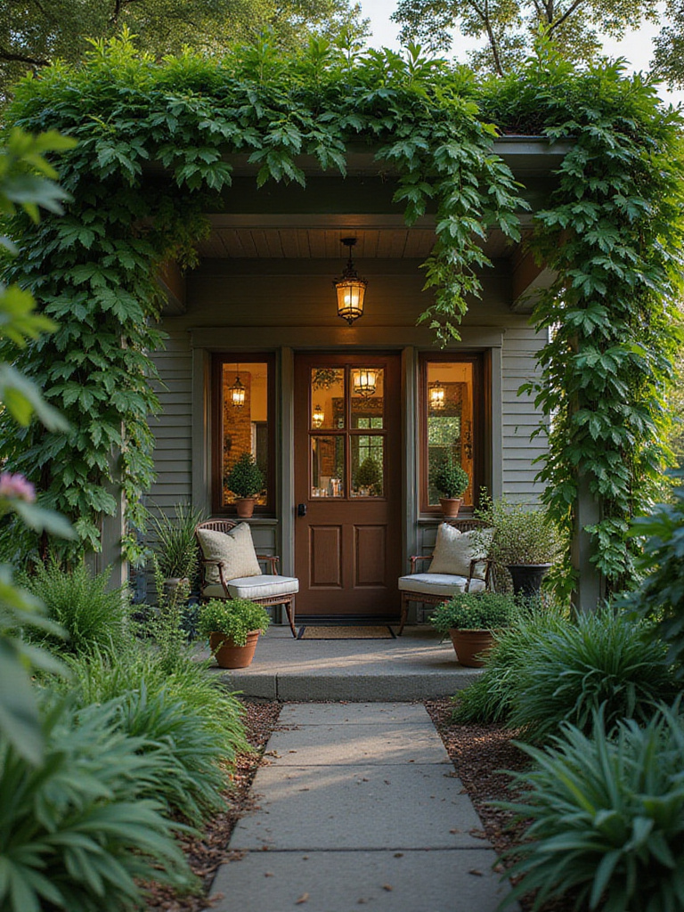 Front porch transformed into a private oasis with lush green plants.