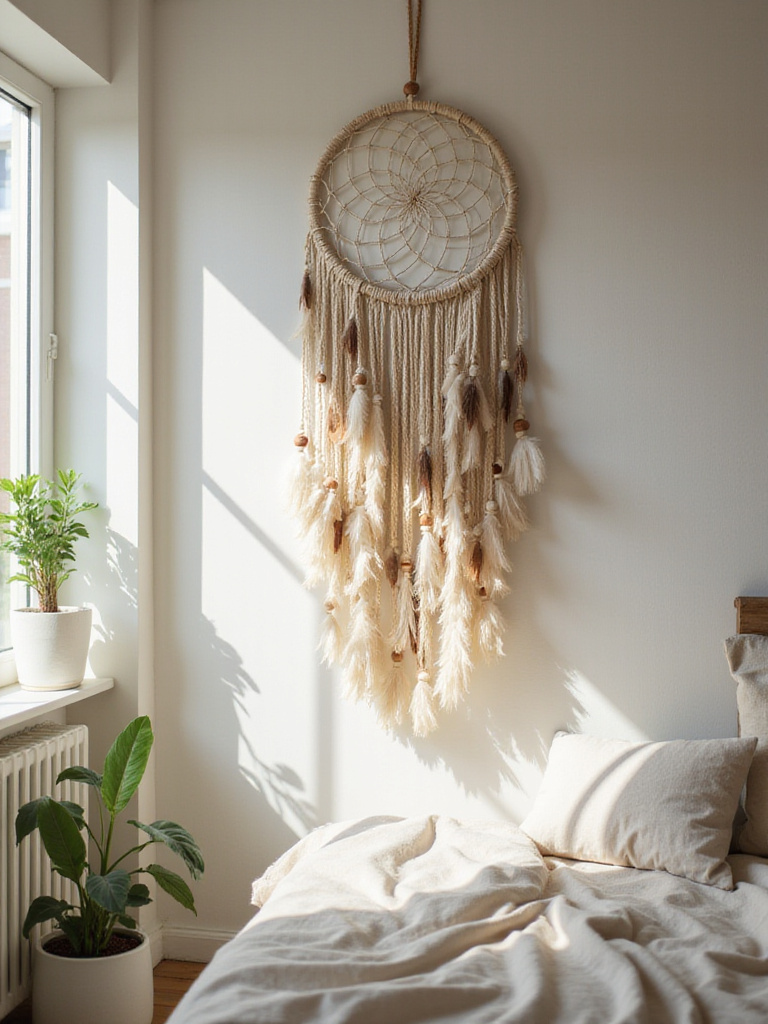 Bohemian dream catcher hanging above a bed in a serene bedroom, promoting peaceful sleep.