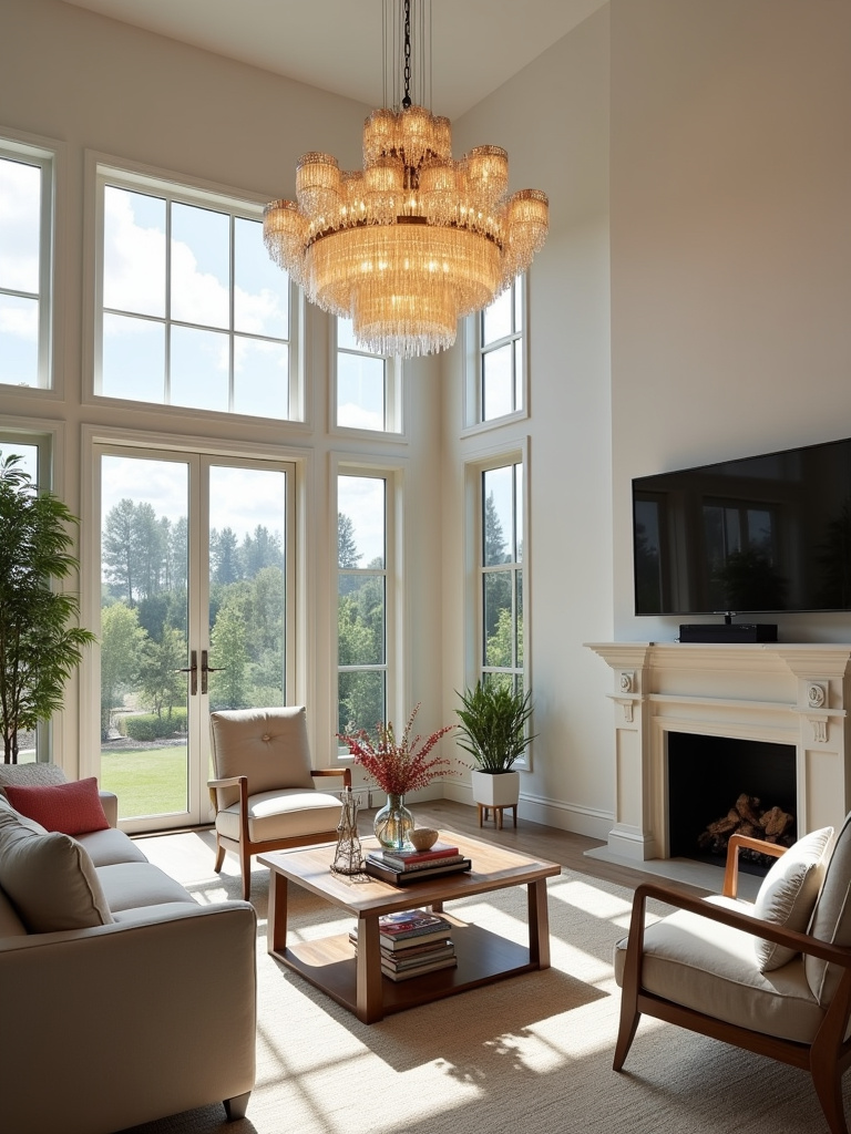 Living room with perfectly proportioned chandelier highlighting the importance of size in lighting design.