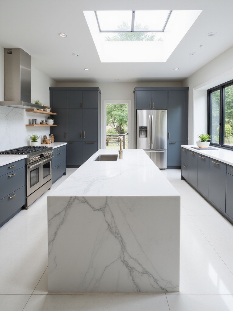 Contemporary kitchen with white quartz countertops and waterfall island