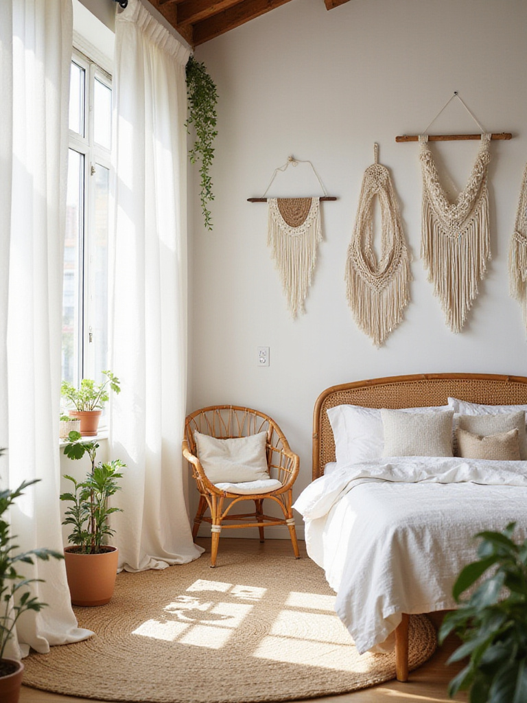 Boho bedroom with rattan headboard and natural textures