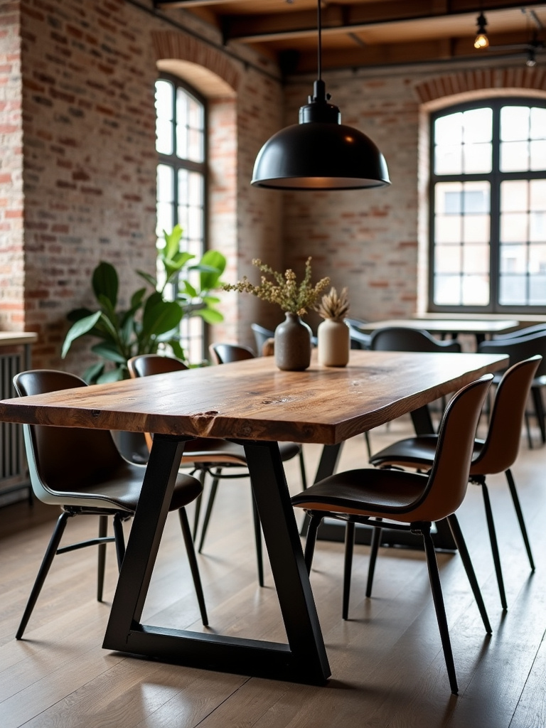 Industrial modern dining table with reclaimed wood top and black steel legs in a loft-style dining room.