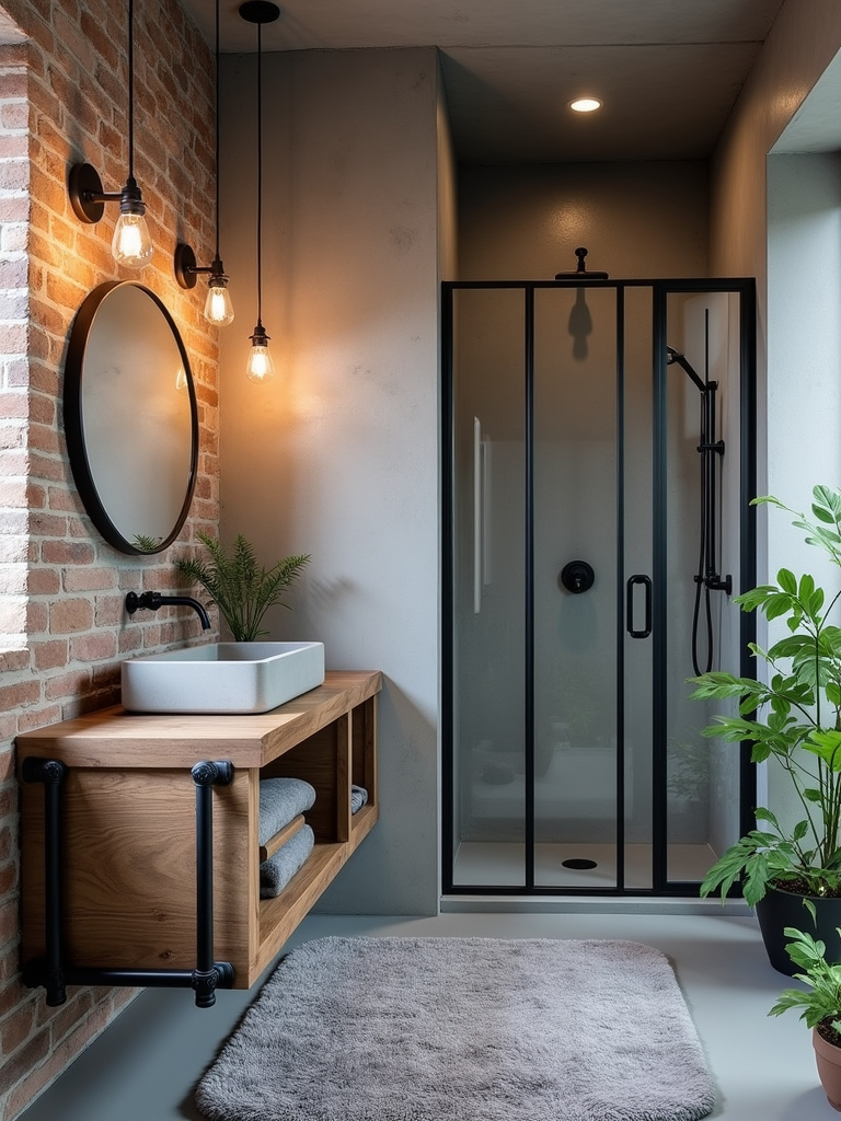 Industrial style bathroom with exposed brick, concrete sink, and reclaimed wood vanity