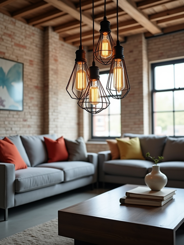 Industrial pendant lights with Edison bulbs in modern living room with exposed brick.