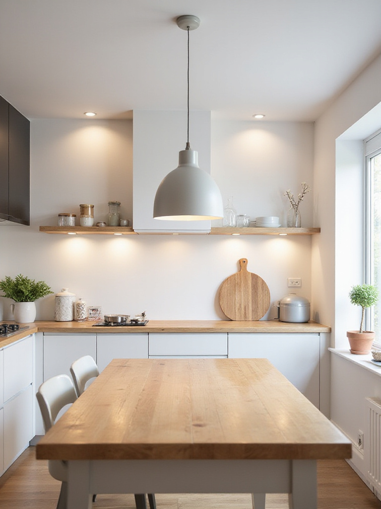 Modern kitchen with recessed lights creating ambient lighting around a kitchen table with a pendant light.