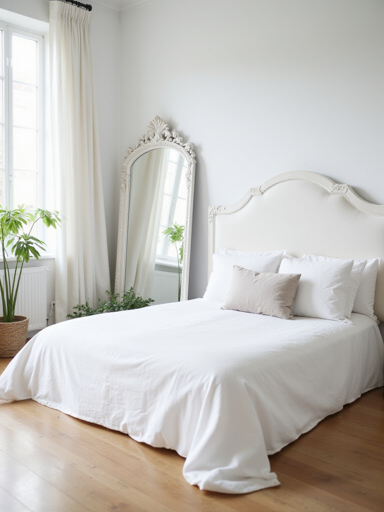 White bedroom with large ornate white mirror reflecting light and space