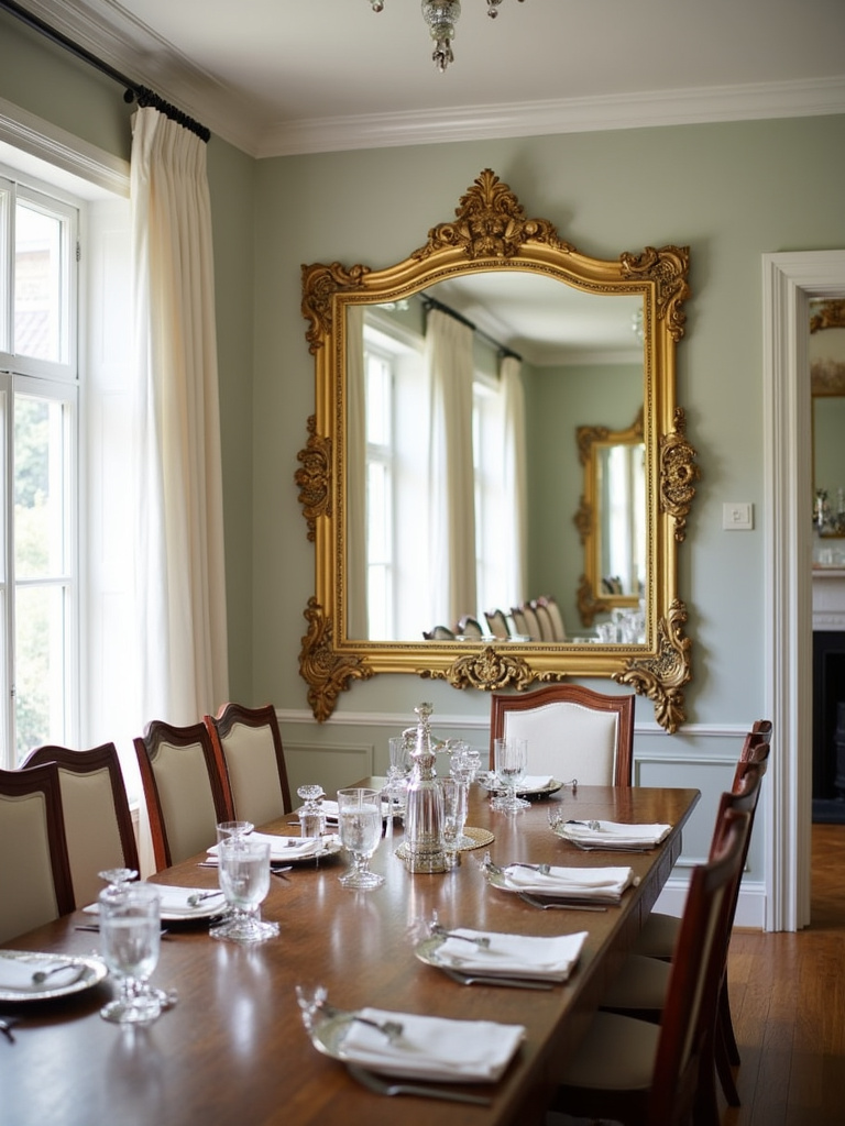 Dining room with a large gold mirror reflecting light and the dining table.