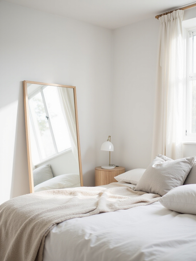 Bright bedroom with a large mirror leaning against the wall, reflecting light and creating a spacious feel.