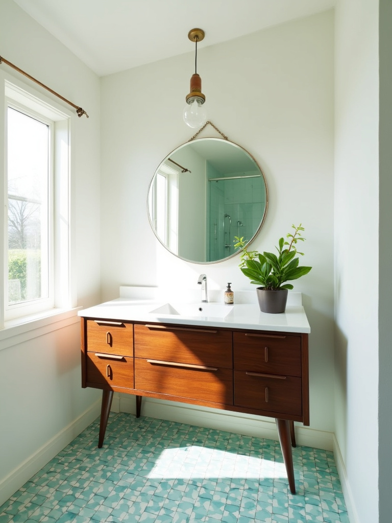 Mid-Century Modern bathroom with walnut vanity, geometric tile, and round mirror.