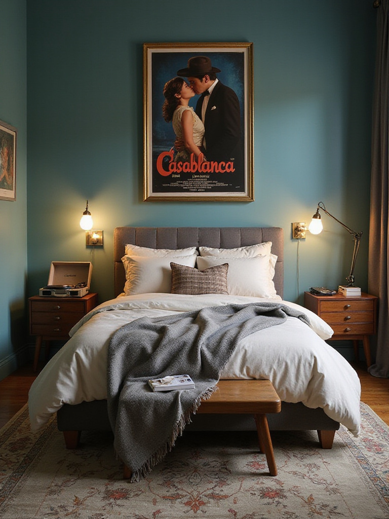 Bedroom with vintage movie poster wall art above the bed.