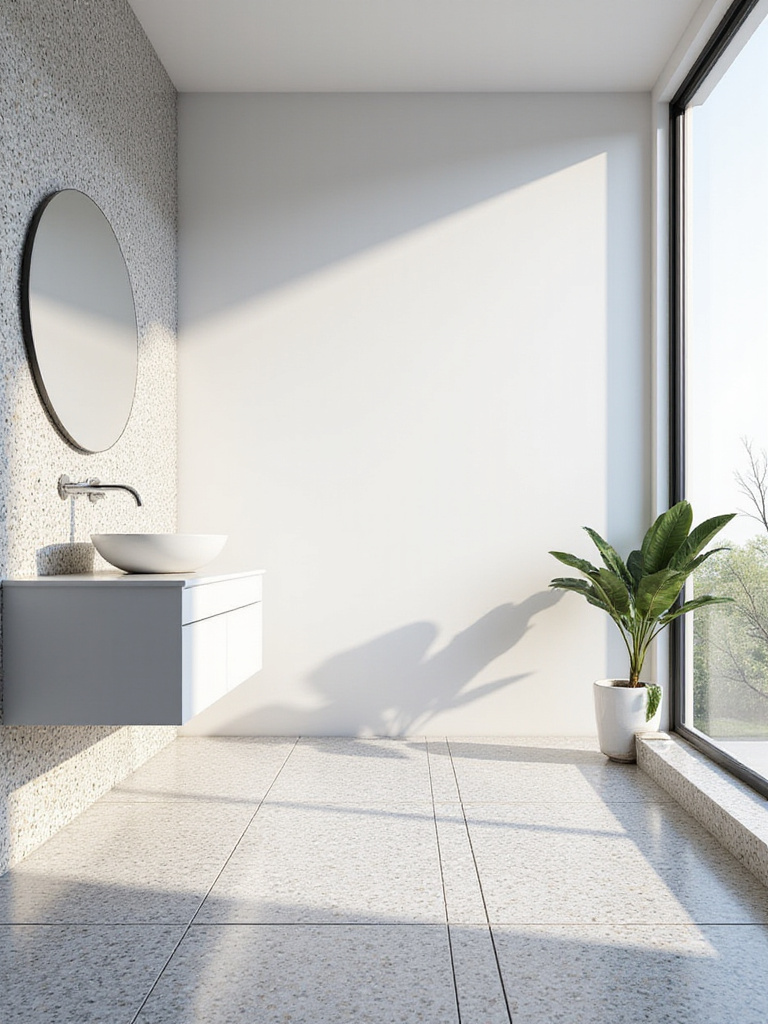 Modern bathroom with terrazzo floor and accent wall tiles