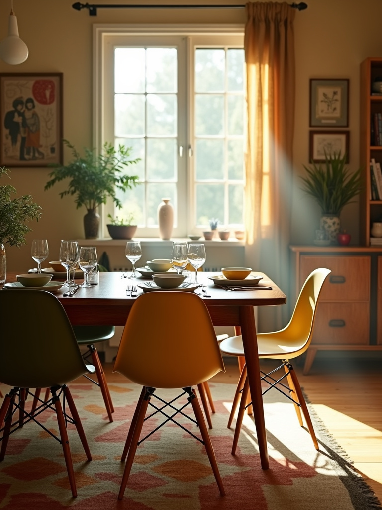 Mid-century modern dining table with Eames chairs in a warmly lit dining room.