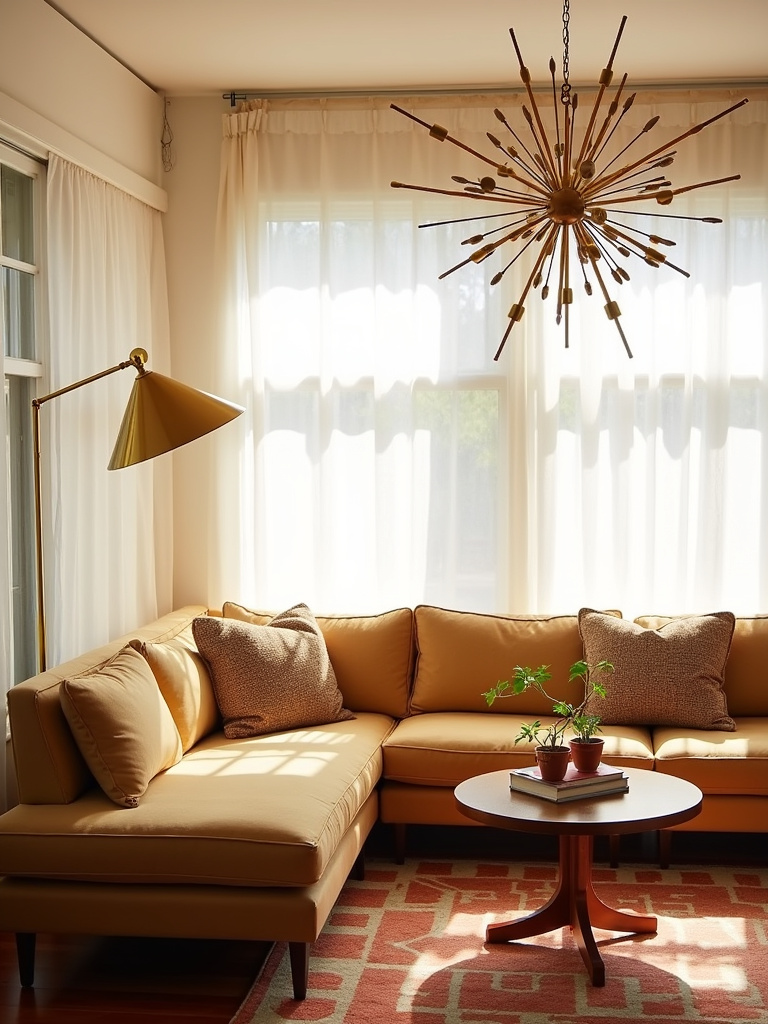 Mid-Century Modern living room with Sputnik chandelier and vintage lighting