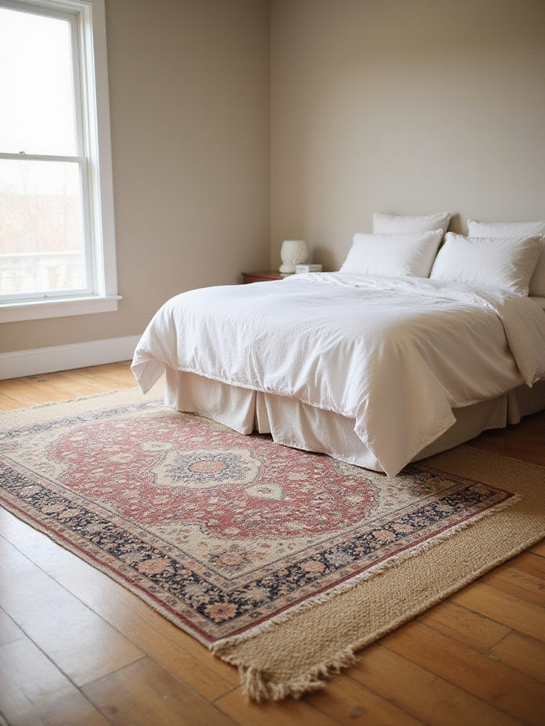 Bedroom featuring layered rugs: a large jute base rug with a smaller Persian rug on top.