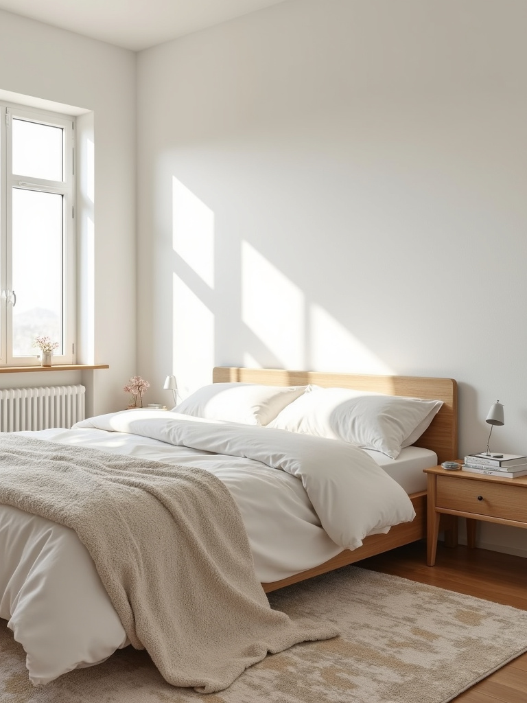 Small bedroom design with a rug defining the sleeping zone and adding warmth.