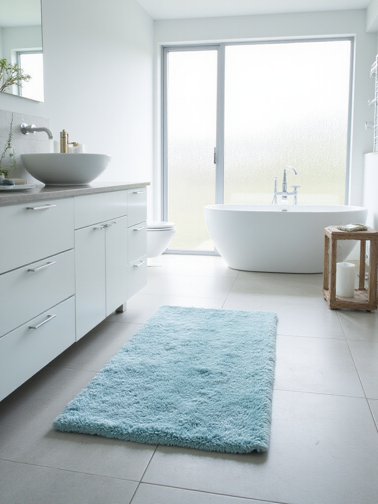 Bathroom with light blue rug in front of white vanity.