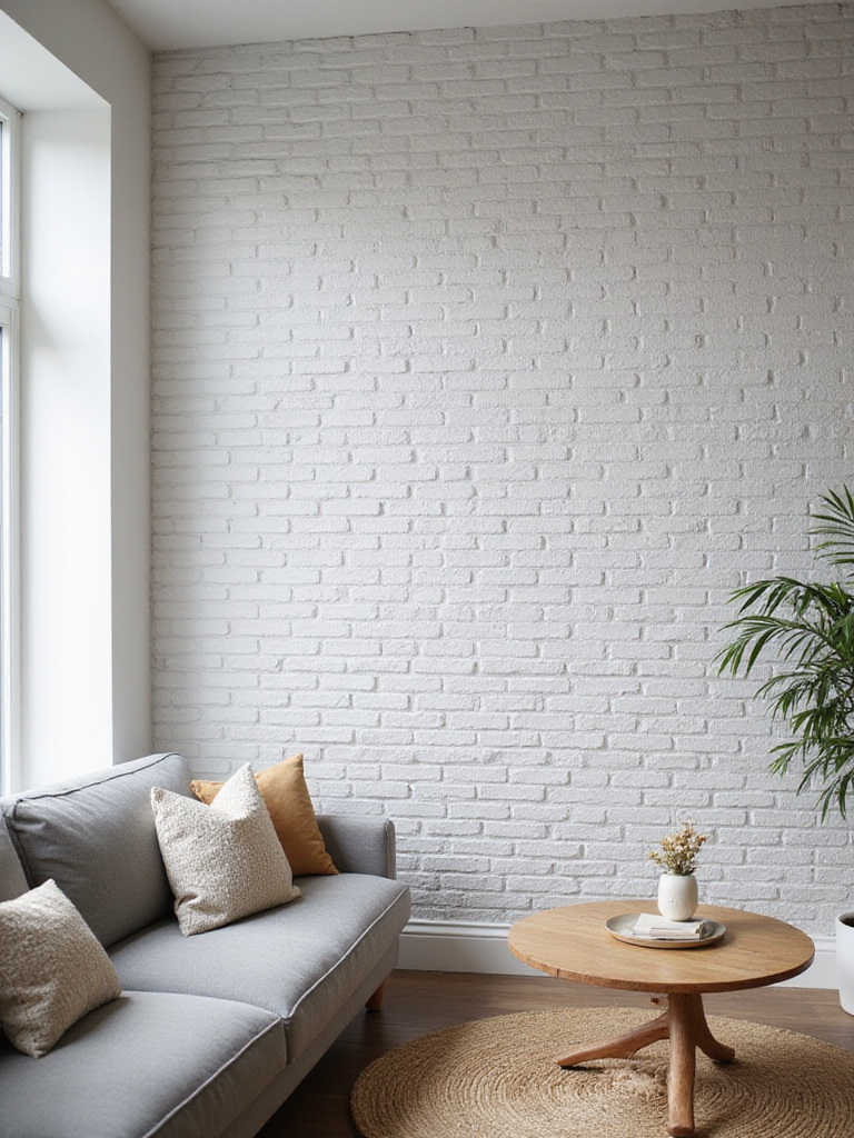Living room with light grey faux brick accent wall in modern farmhouse style.