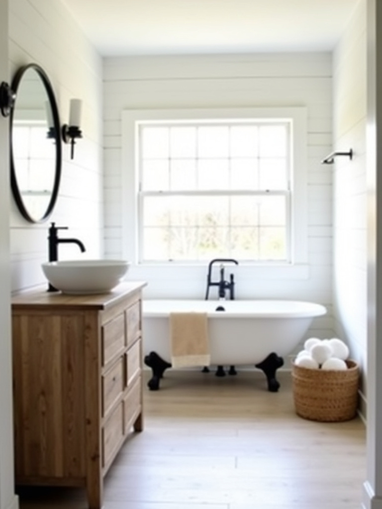 Modern farmhouse bathroom with shiplap walls, reclaimed wood vanity, and clawfoot tub