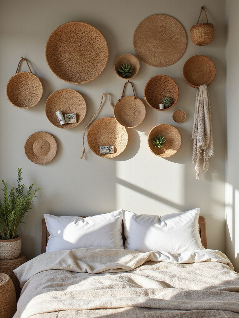 Bedroom wall decorated with a collection of stylish woven baskets for rustic storage and decor