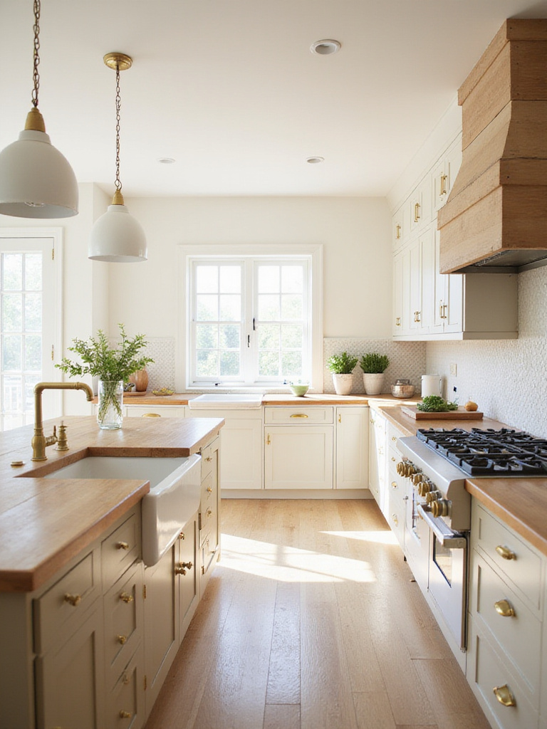 Farmhouse kitchen with creamy white walls and soft beige cabinets.