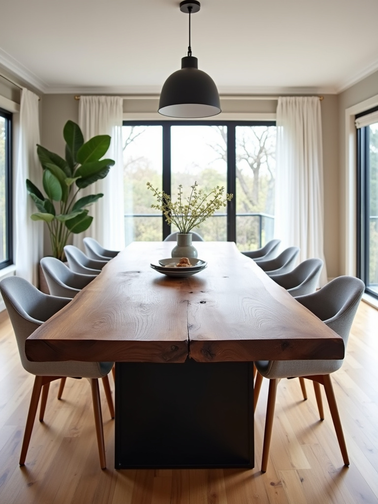 Rustic modern dining table with live-edge walnut top and black steel base
