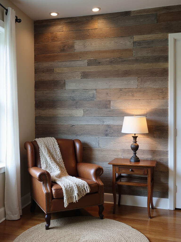 Rustic living room with a faux wood plank wallpaper accent wall and cozy leather armchair.
