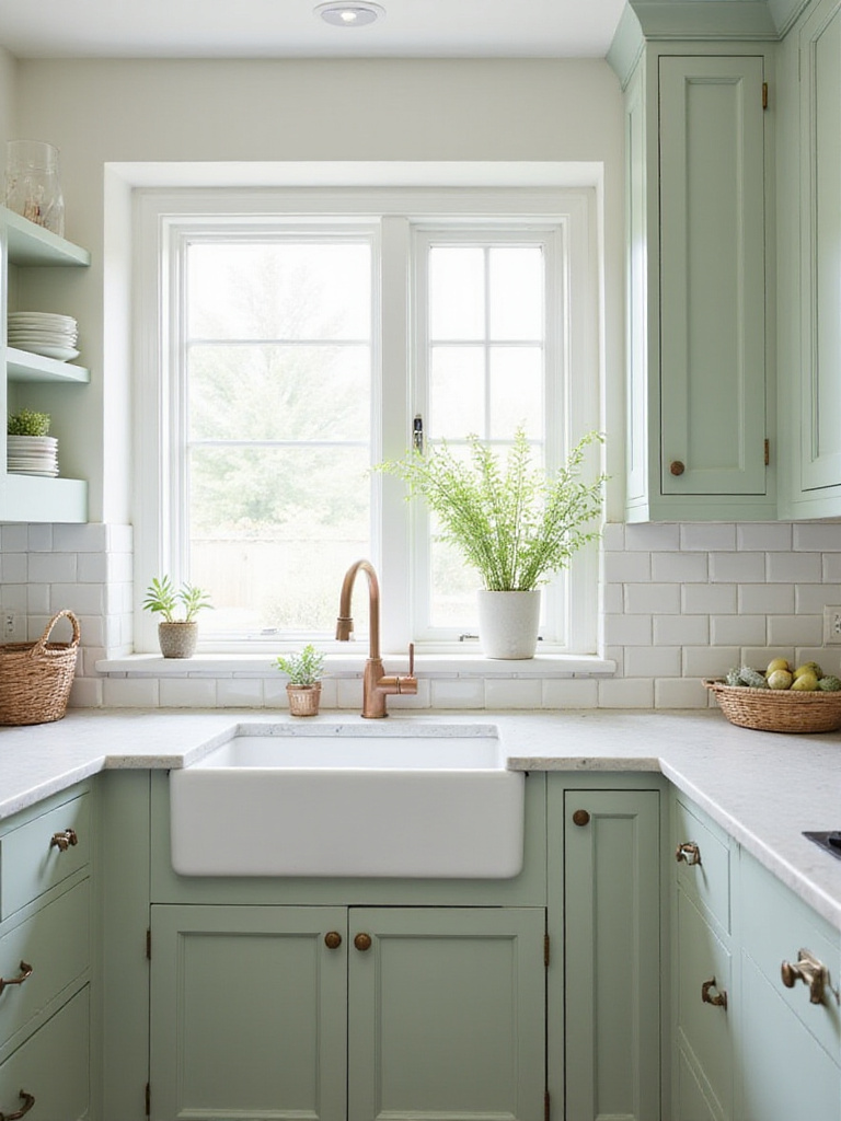 Sage green kitchen cabinets with light countertops and natural lighting.