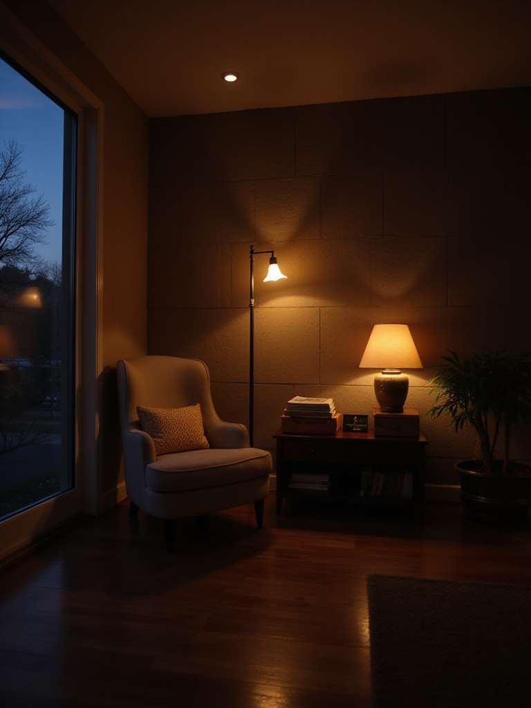 Cozy living room illuminated by layered lighting, creating a warm and inviting atmosphere.