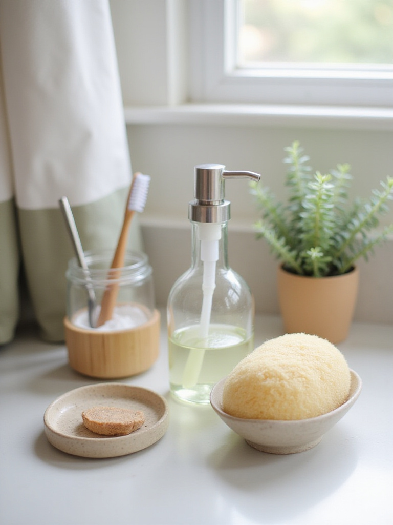 Refillable glass soap dispenser on a bathroom countertop with organic accessories.
