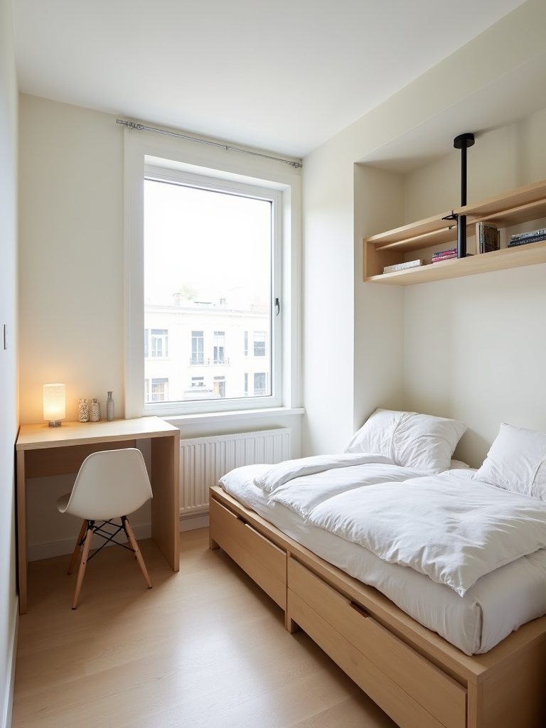 Small bedroom design featuring small-scale furniture and built-in storage solutions.