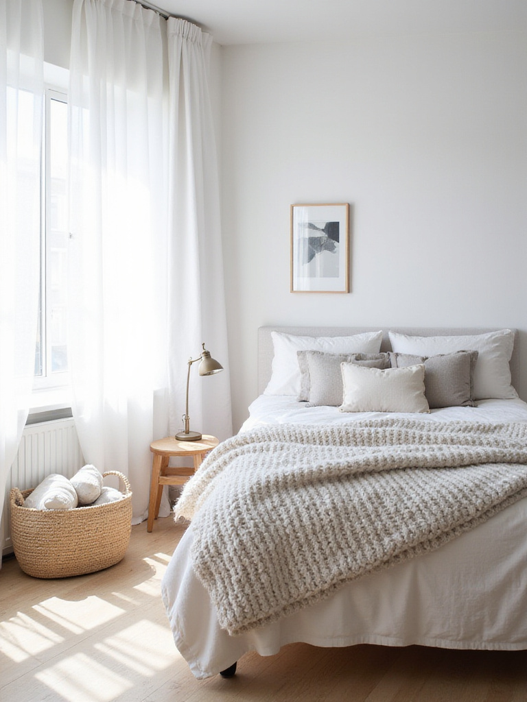 Scandinavian bedroom with white walls, natural wood furniture, and cozy textiles for a hygge atmosphere