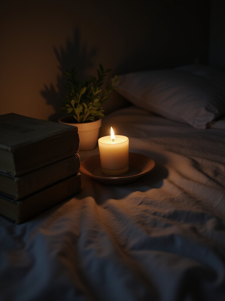 Scented candle on a bedside table creating a relaxing bedroom ambiance.